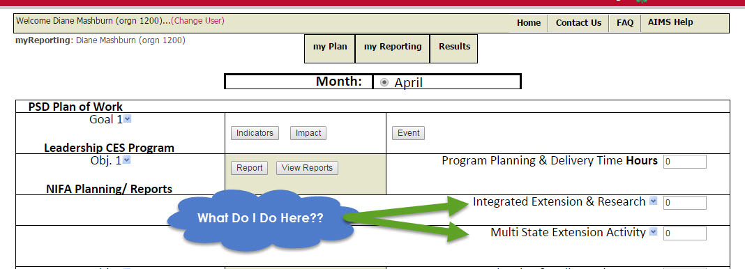 Arrows Pointing to Integrated Extension & Research and Multi-State Extension Activity Data Fields