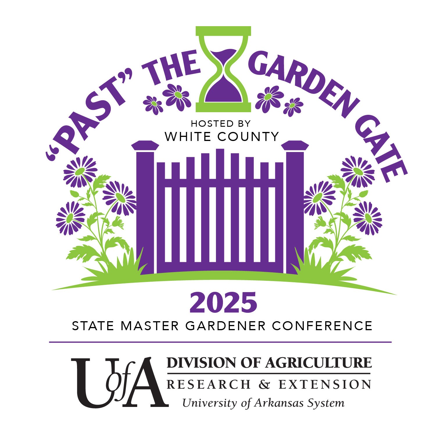 Colorful 2025 Master Gardener Conference Logo with purple gate and bright purple flowers growing at the base of the gate.